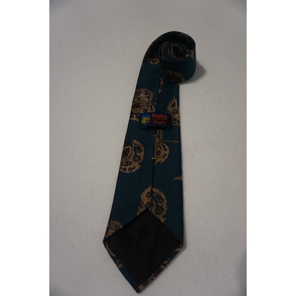 Vintage Wembley WemSilk Mens Teal Blue Gold Leaf Pattern Necktie 3.5"